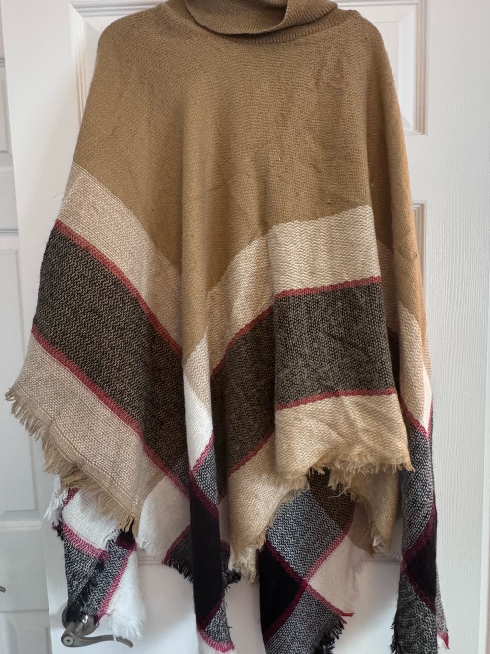 Turtleneck Striped Poncho in Camel, Cream & Brown